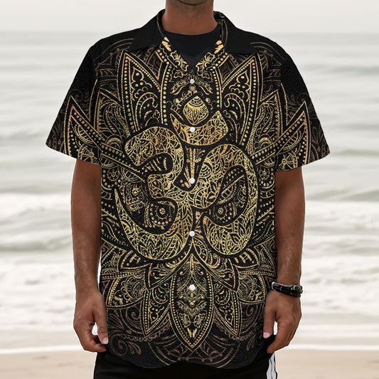 Gold Om Lotus Print Textured Short Sleeve Shirt
