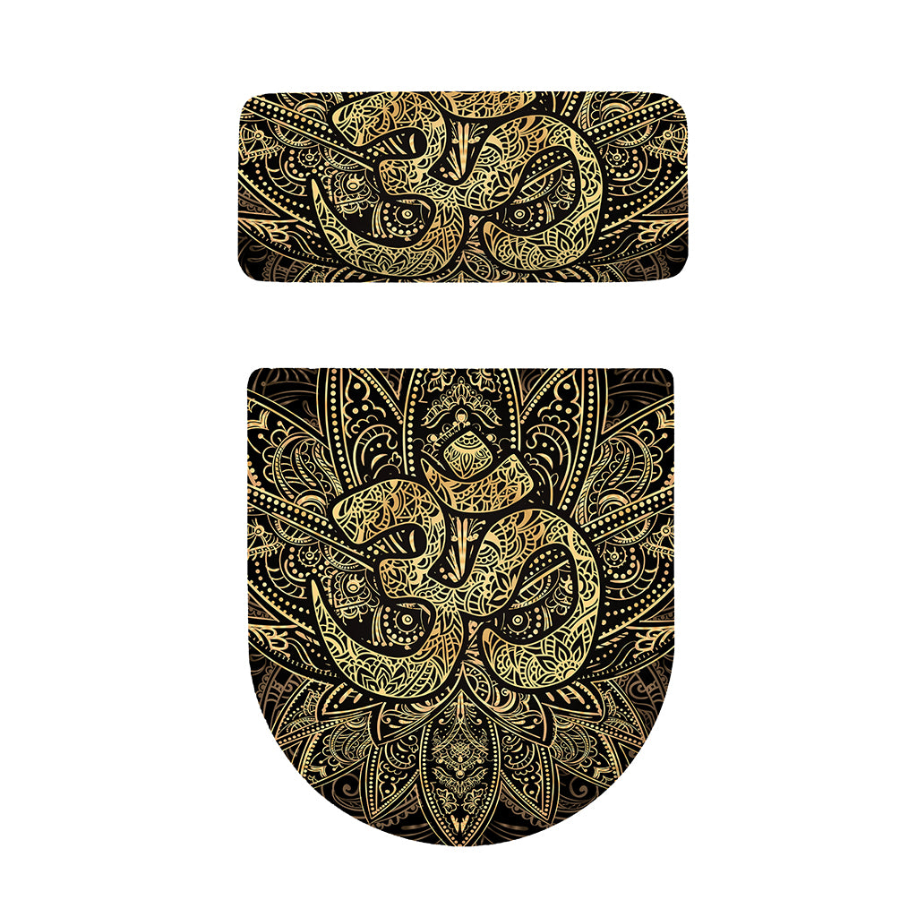Gold Om Lotus Print Toilet Lid And Tank Cover Set