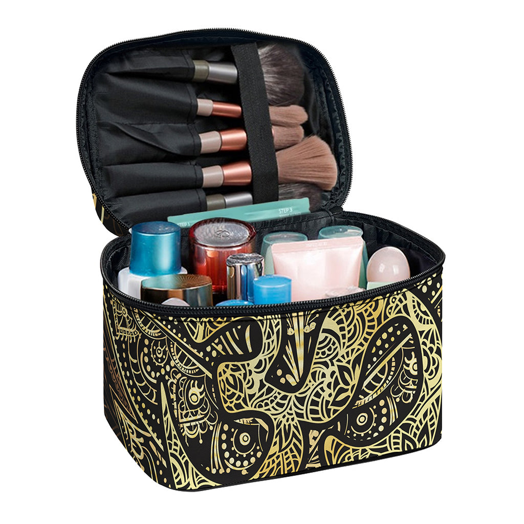 Gold Om Lotus Print Travel Makeup Bag