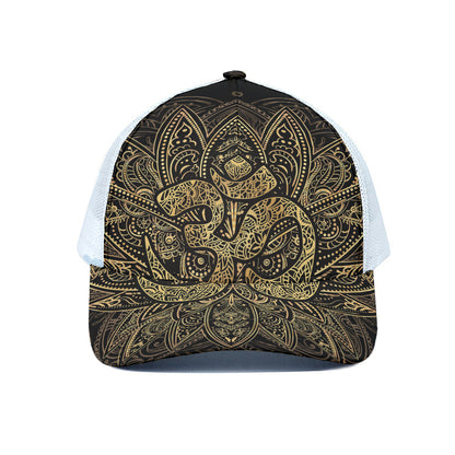 Gold Om Lotus Print White Mesh Trucker Cap