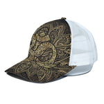 Gold Om Lotus Print White Mesh Trucker Cap