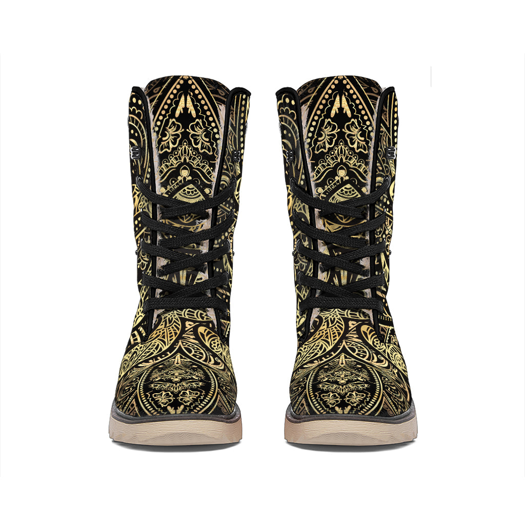 Gold Om Lotus Print Winter Boots