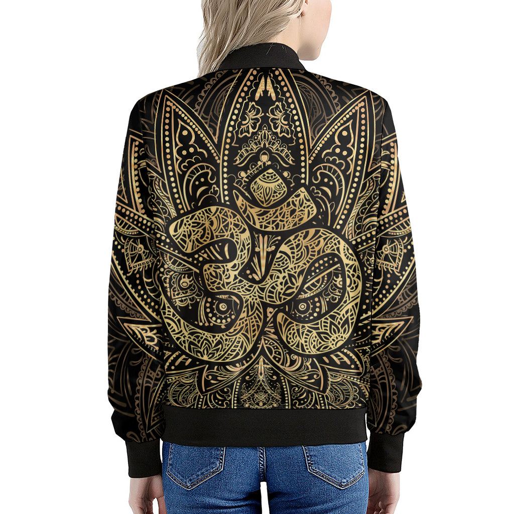 Gold Om Lotus Print Women's Bomber Jacket