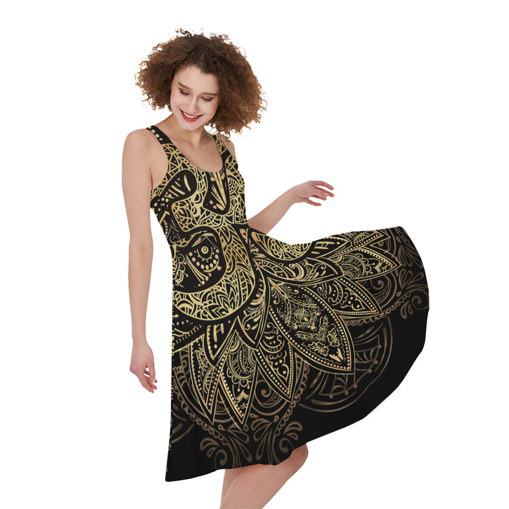 Gold Om Lotus Print Women's Sleeveless Dress