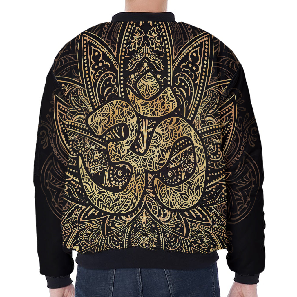 Gold Om Lotus Print Zip Sleeve Bomber Jacket