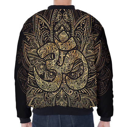 Gold Om Lotus Print Zip Sleeve Bomber Jacket