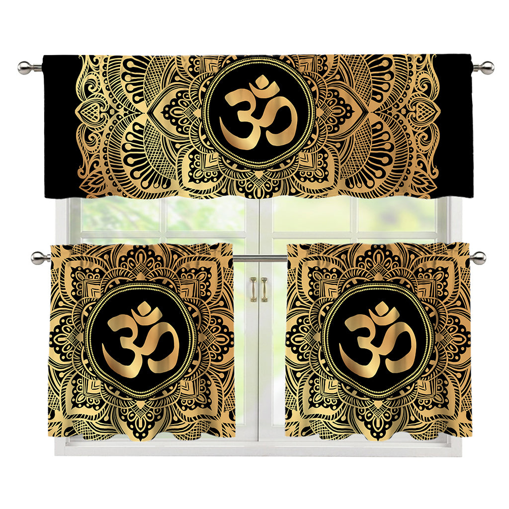 Gold Om Mandala Print 3 Piece Kitchen Curtains