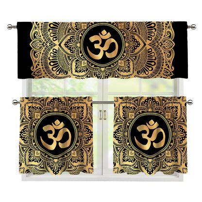 Gold Om Mandala Print 3 Piece Kitchen Curtains