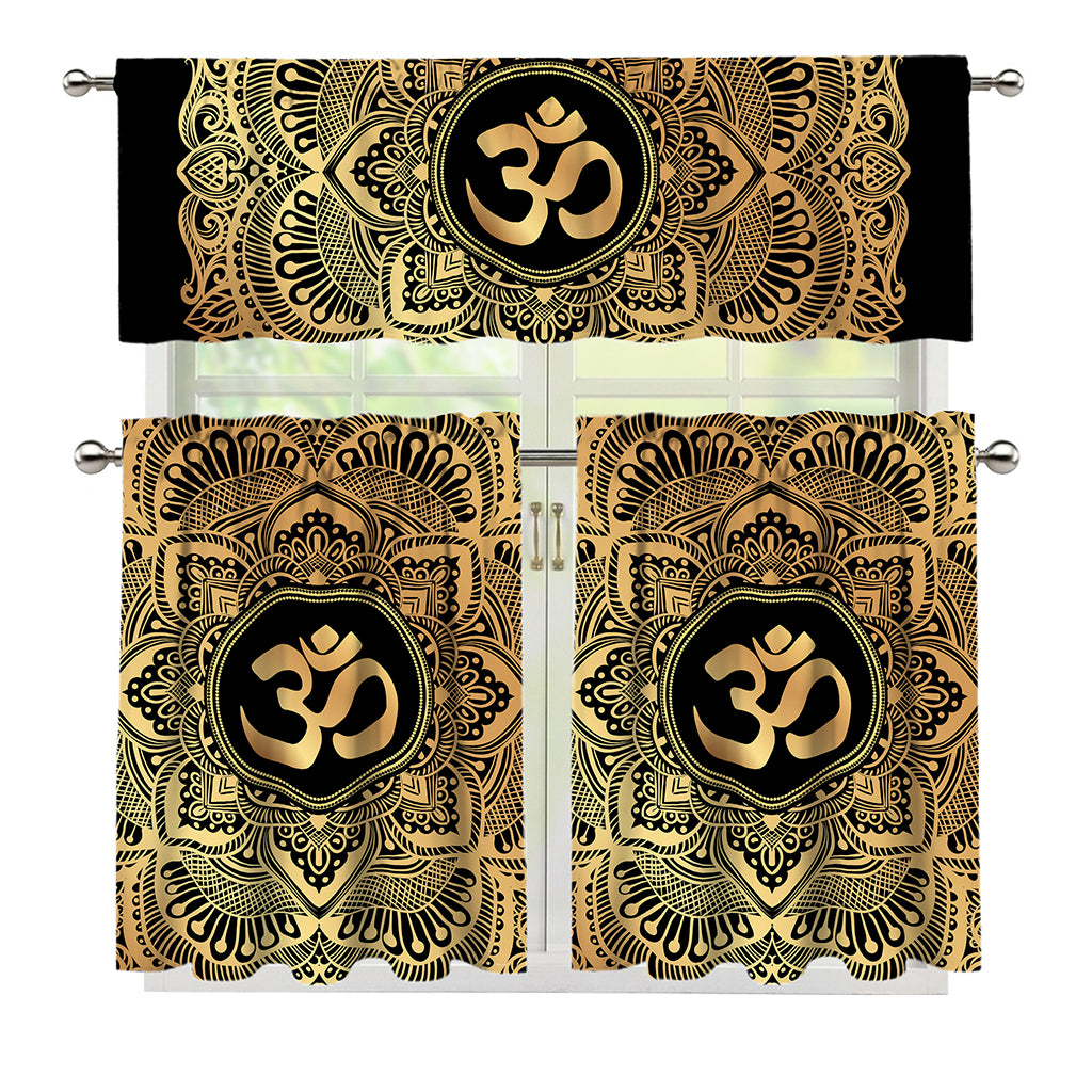 Gold Om Mandala Print 3 Piece Kitchen Curtains