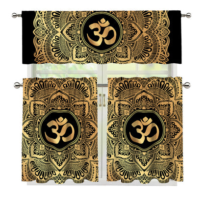 Gold Om Mandala Print 3 Piece Kitchen Curtains