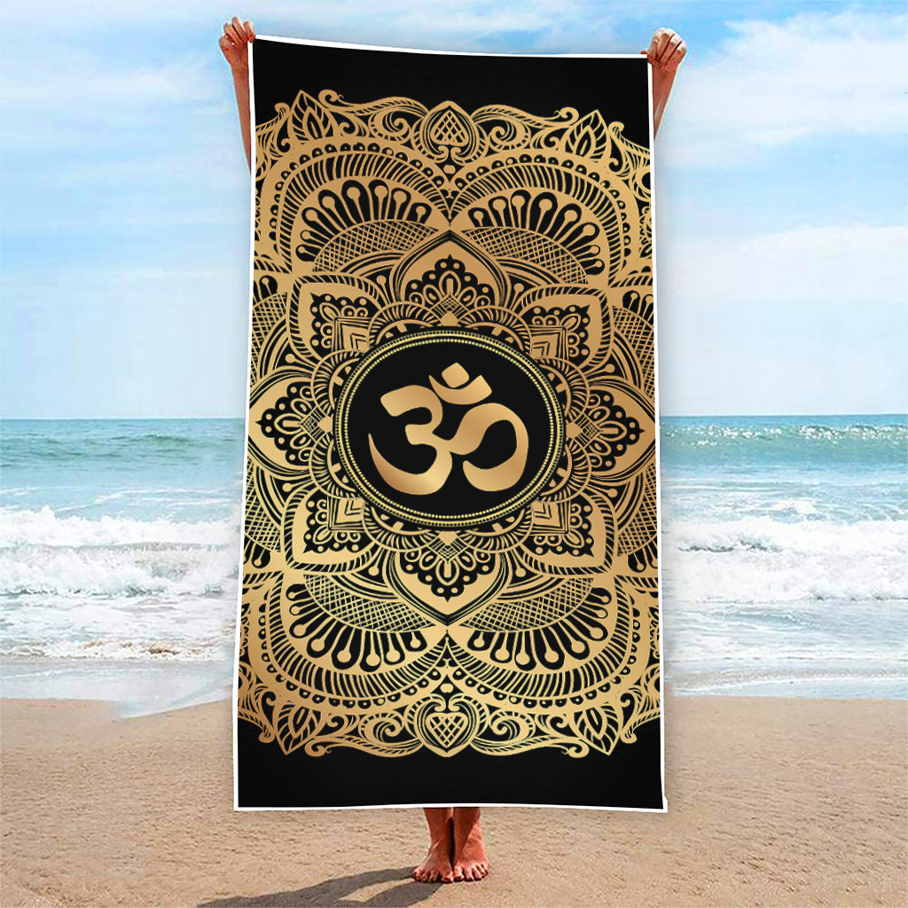 Gold Om Mandala Print Beach Towel