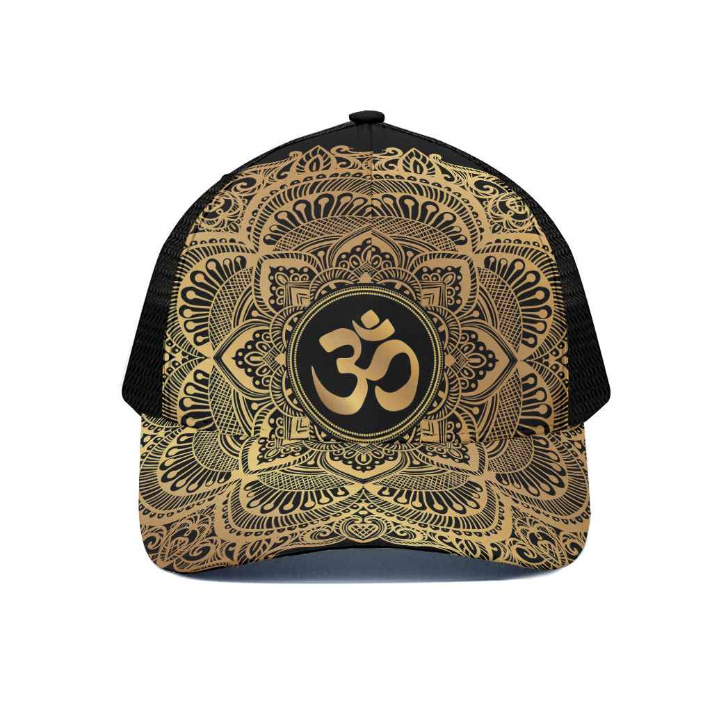 Gold Om Mandala Print Black Mesh Trucker Cap