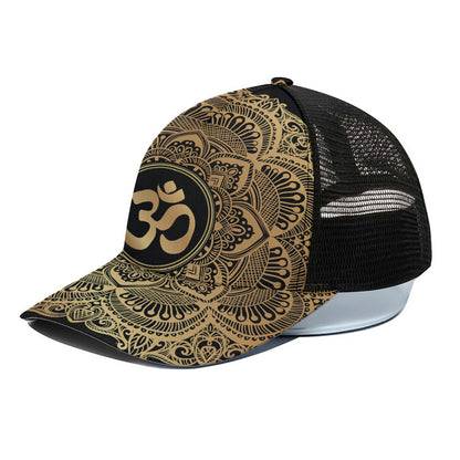 Gold Om Mandala Print Black Mesh Trucker Cap