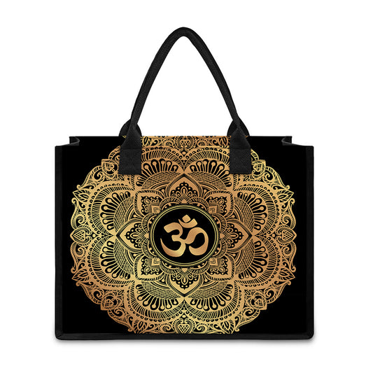 Gold Om Mandala Print Canvas Tote Bag