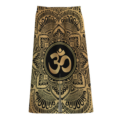 Gold Om Mandala Print Cotton Front Slit Maxi Skirt