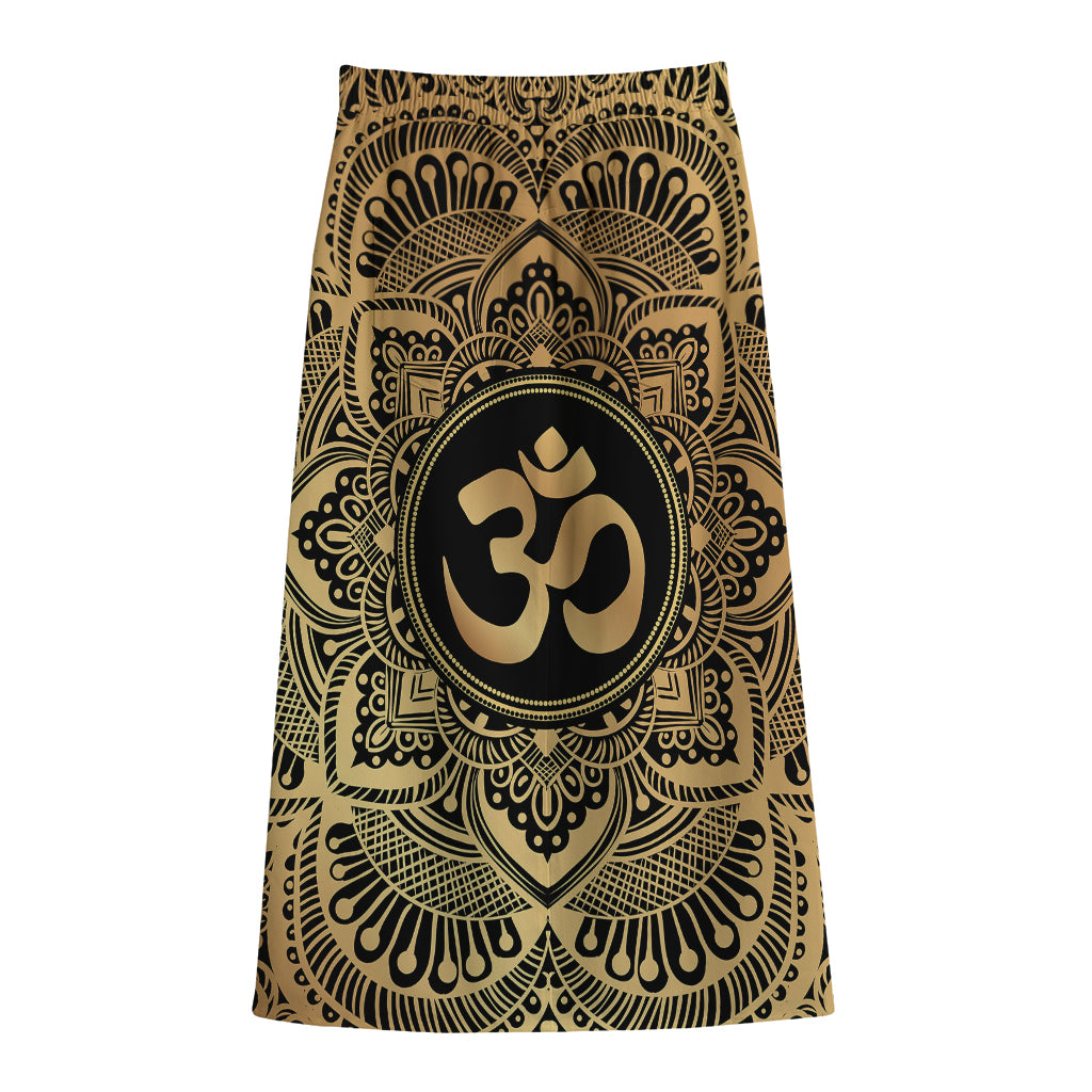 Gold Om Mandala Print Cotton Front Slit Maxi Skirt