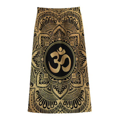 Gold Om Mandala Print Cotton Front Slit Maxi Skirt