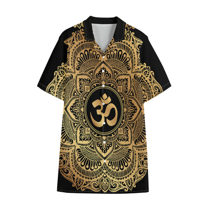 Gold Om Mandala Print Cotton Hawaiian Shirt