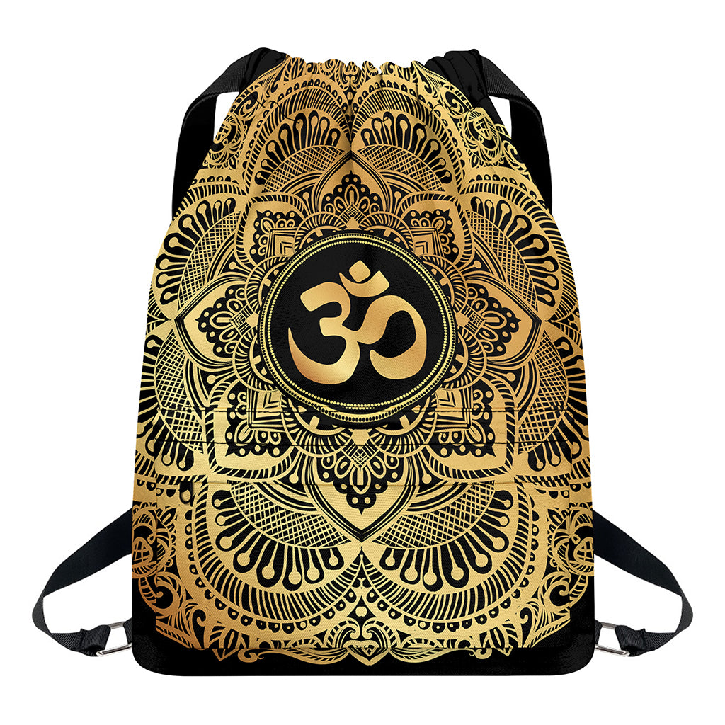 Gold Om Mandala Print Drawstring Backpack