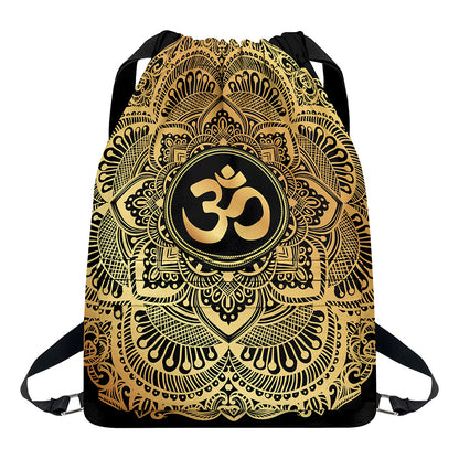 Gold Om Mandala Print Drawstring Backpack