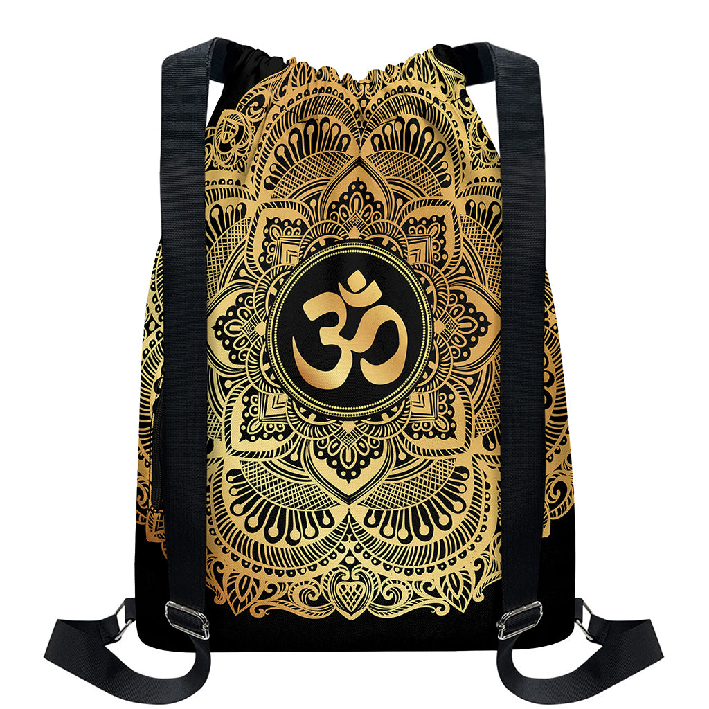 Gold Om Mandala Print Drawstring Backpack