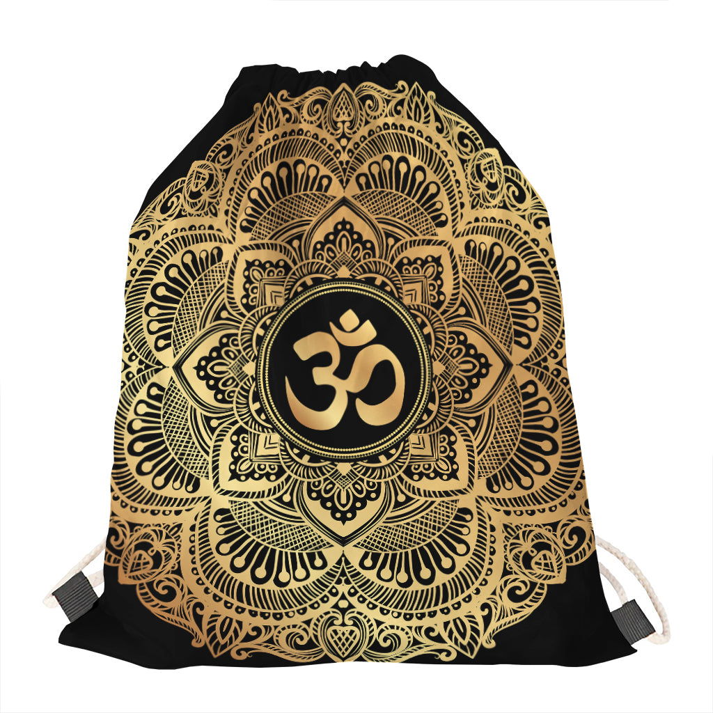 Gold Om Mandala Print Drawstring Bag