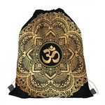 Gold Om Mandala Print Drawstring Bag