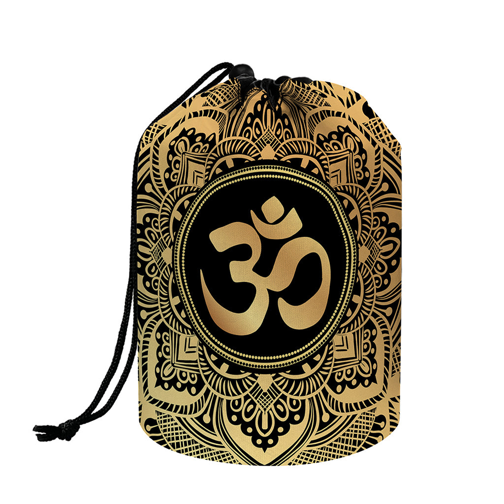 Gold Om Mandala Print Drawstring Makeup Bag