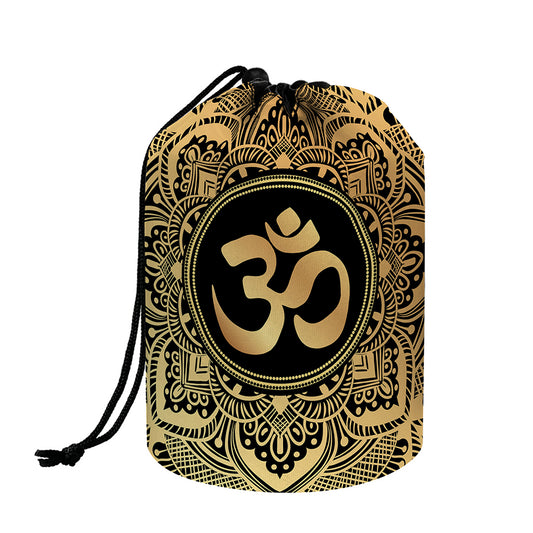Gold Om Mandala Print Drawstring Makeup Bag