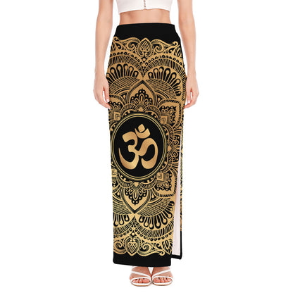 Gold Om Mandala Print High Slit Maxi Skirt