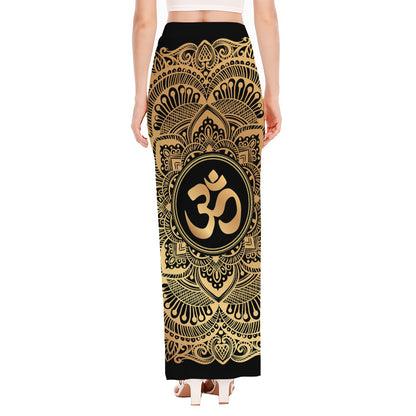 Gold Om Mandala Print High Slit Maxi Skirt