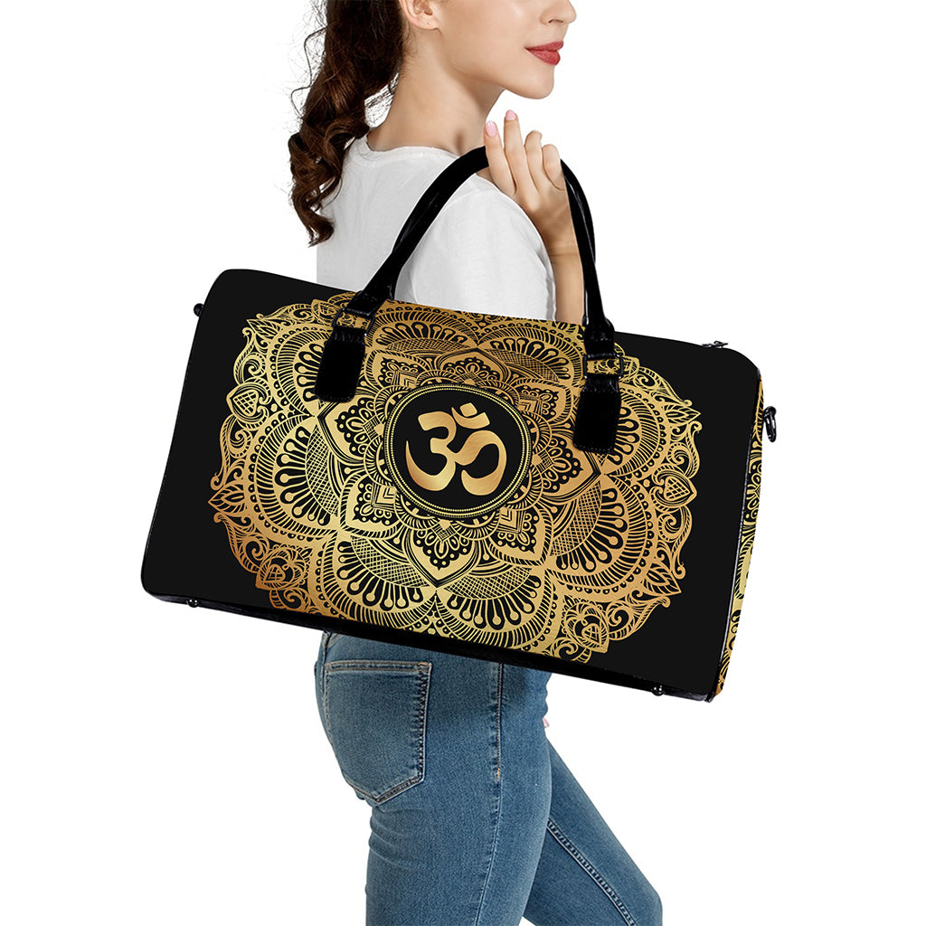 Gold Om Mandala Print Leather Duffle Bag