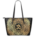 Gold Om Mandala Print Leather Tote Bag With Zipper