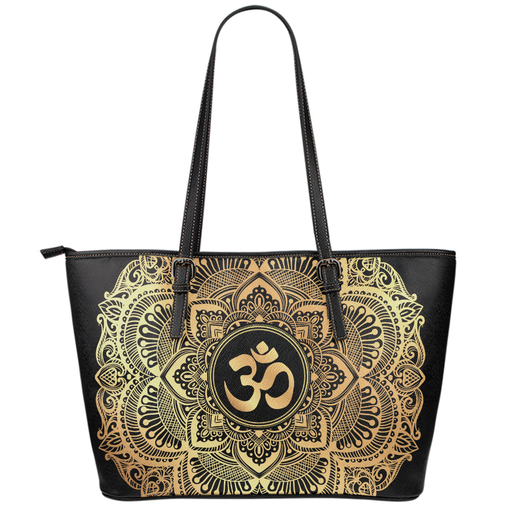 Gold Om Mandala Print Leather Tote Bag