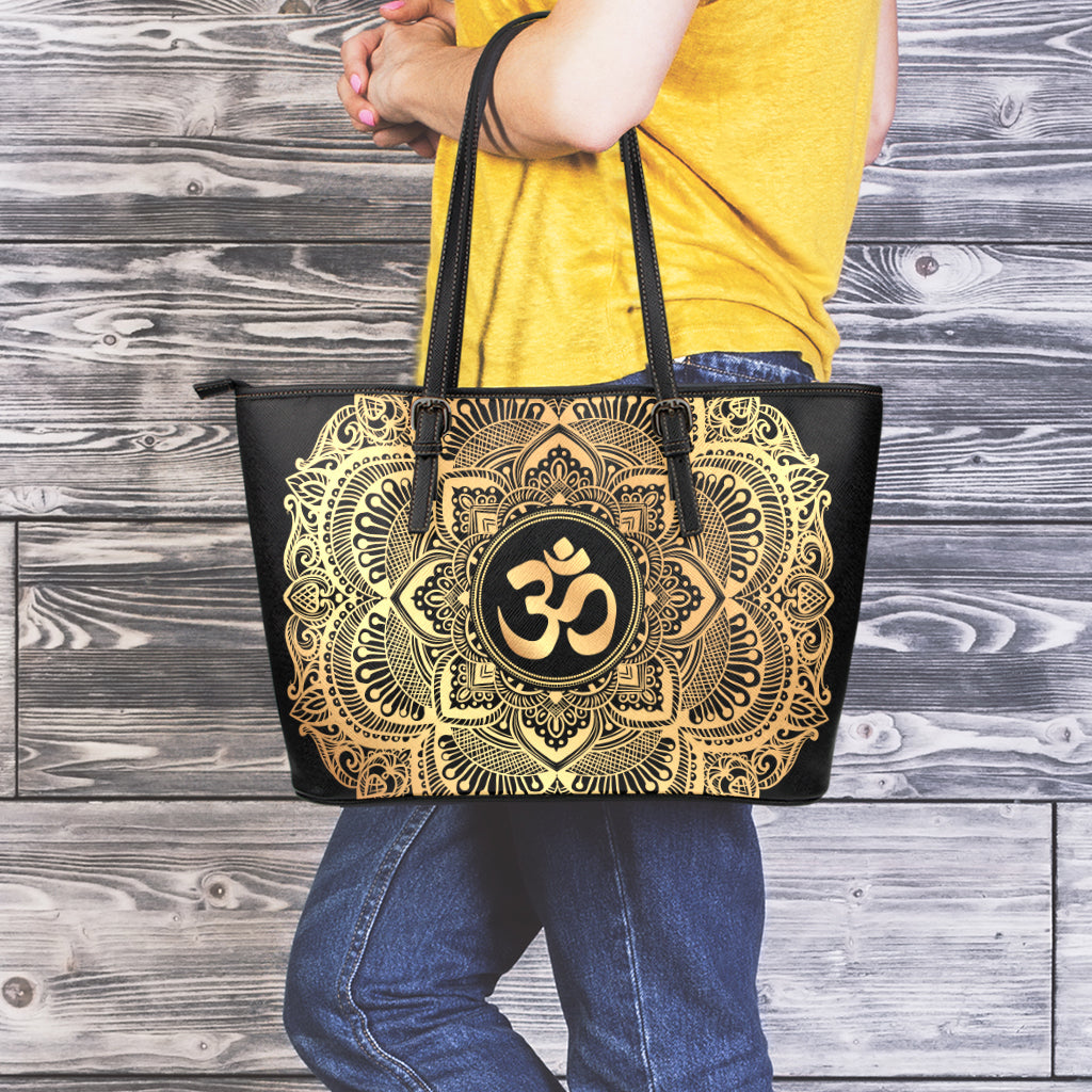 Gold Om Mandala Print Leather Tote Bag