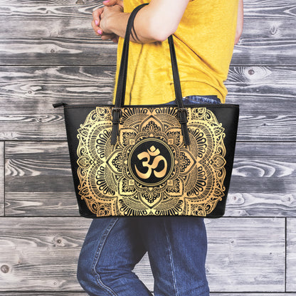 Gold Om Mandala Print Leather Tote Bag