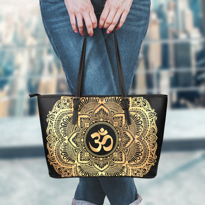 Gold Om Mandala Print Leather Tote Bag