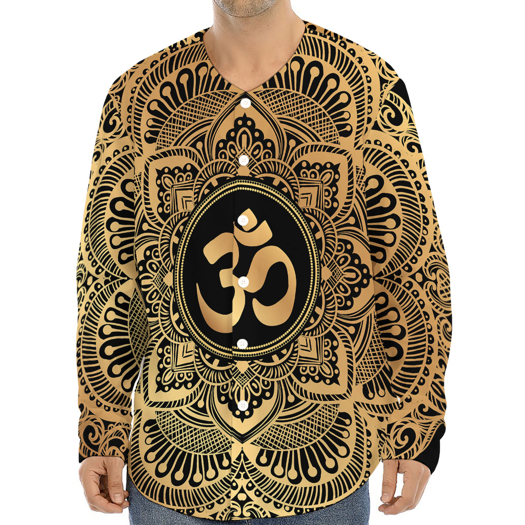 Gold Om Mandala Print Long Sleeve Baseball Jersey