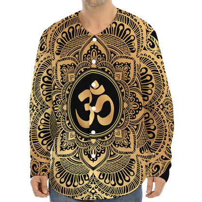 Gold Om Mandala Print Long Sleeve Baseball Jersey