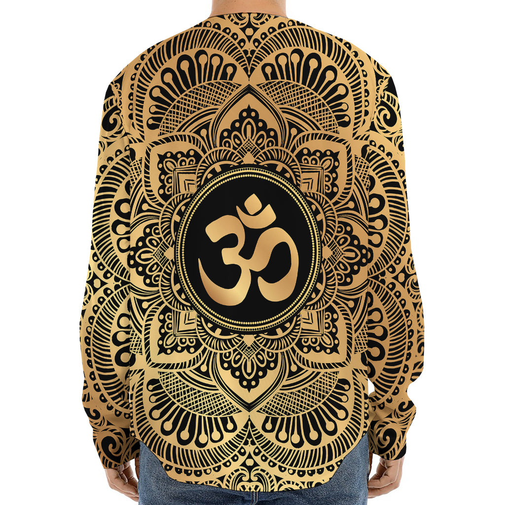 Gold Om Mandala Print Long Sleeve Baseball Jersey