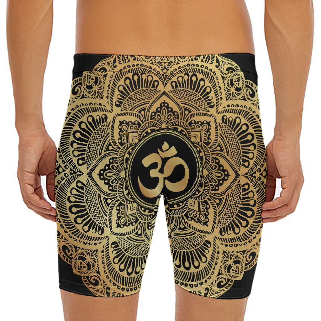 Gold Om Mandala Print Men's Long Boxer Briefs