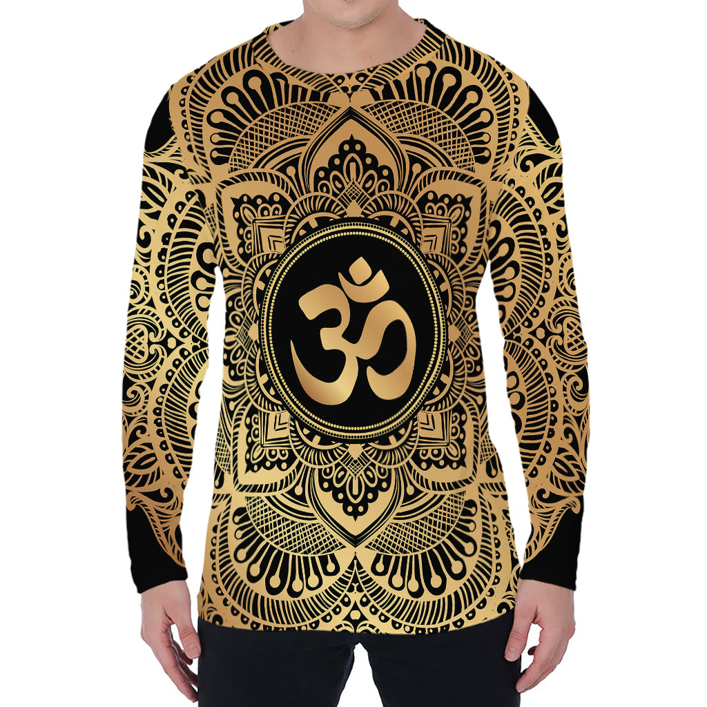 Gold Om Mandala Print Men's Long Sleeve T-Shirt