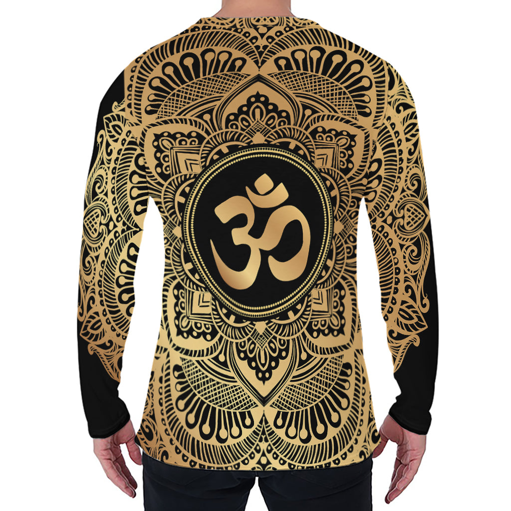 Gold Om Mandala Print Men's Long Sleeve T-Shirt