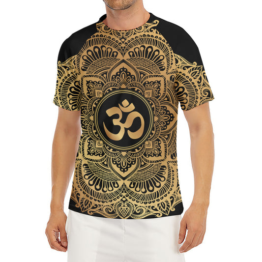 Gold Om Mandala Print Men's Short Sleeve Rash Guard