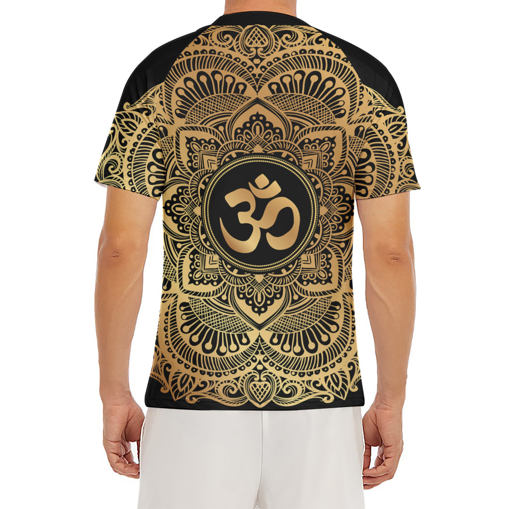 Gold Om Mandala Print Men's Short Sleeve Rash Guard