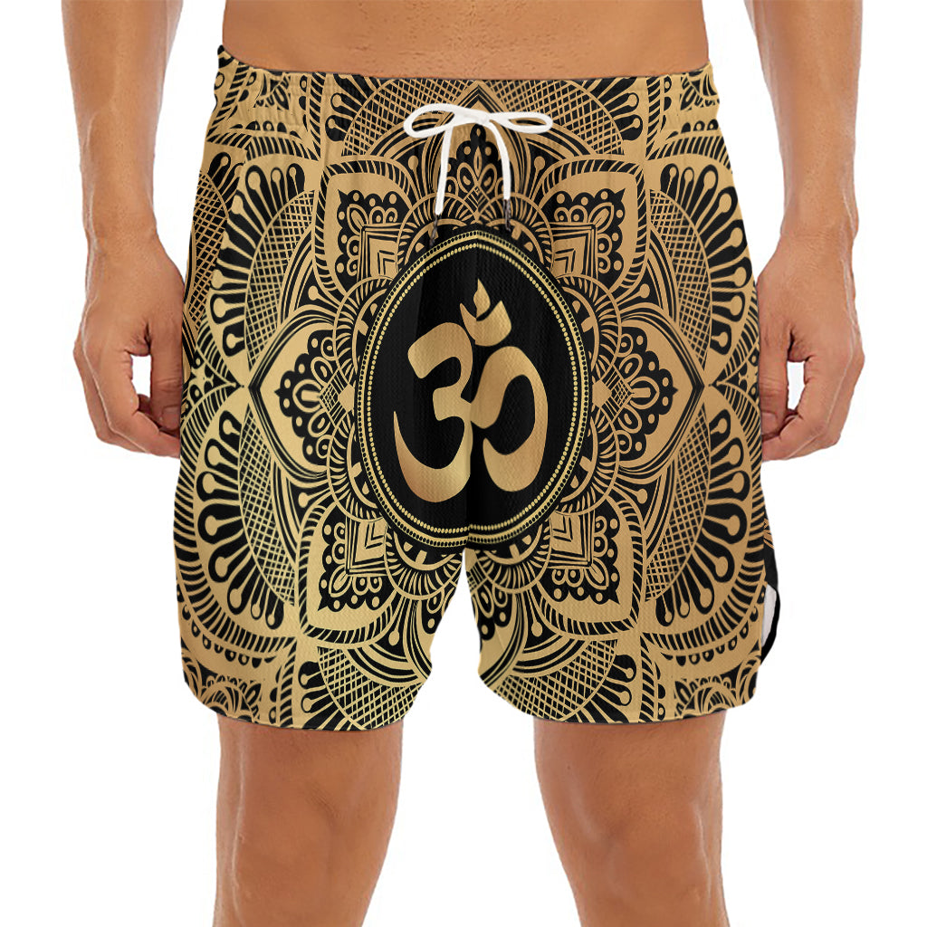 Gold Om Mandala Print Men's Split Running Shorts