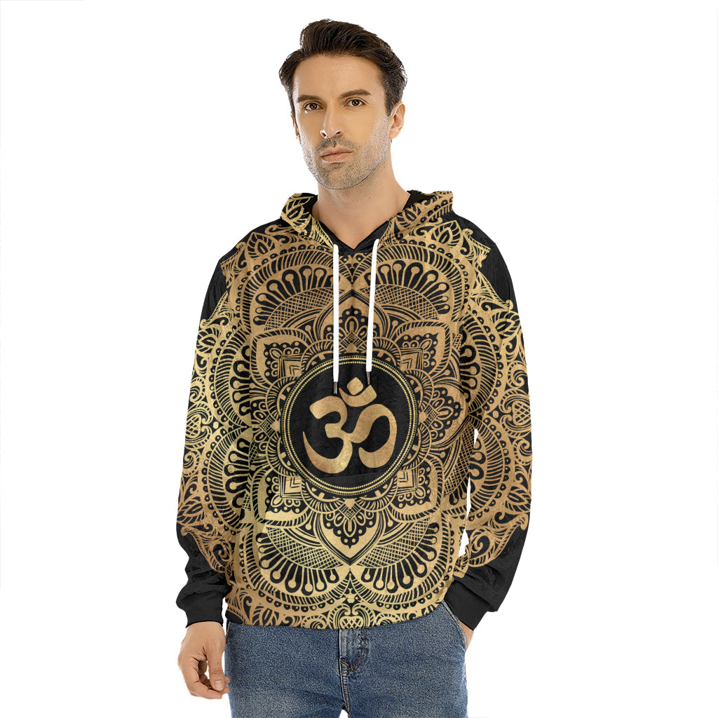 Gold Om Mandala Print Men's Velvet Pullover Hoodie