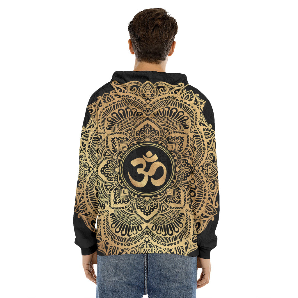 Gold Om Mandala Print Men's Velvet Pullover Hoodie