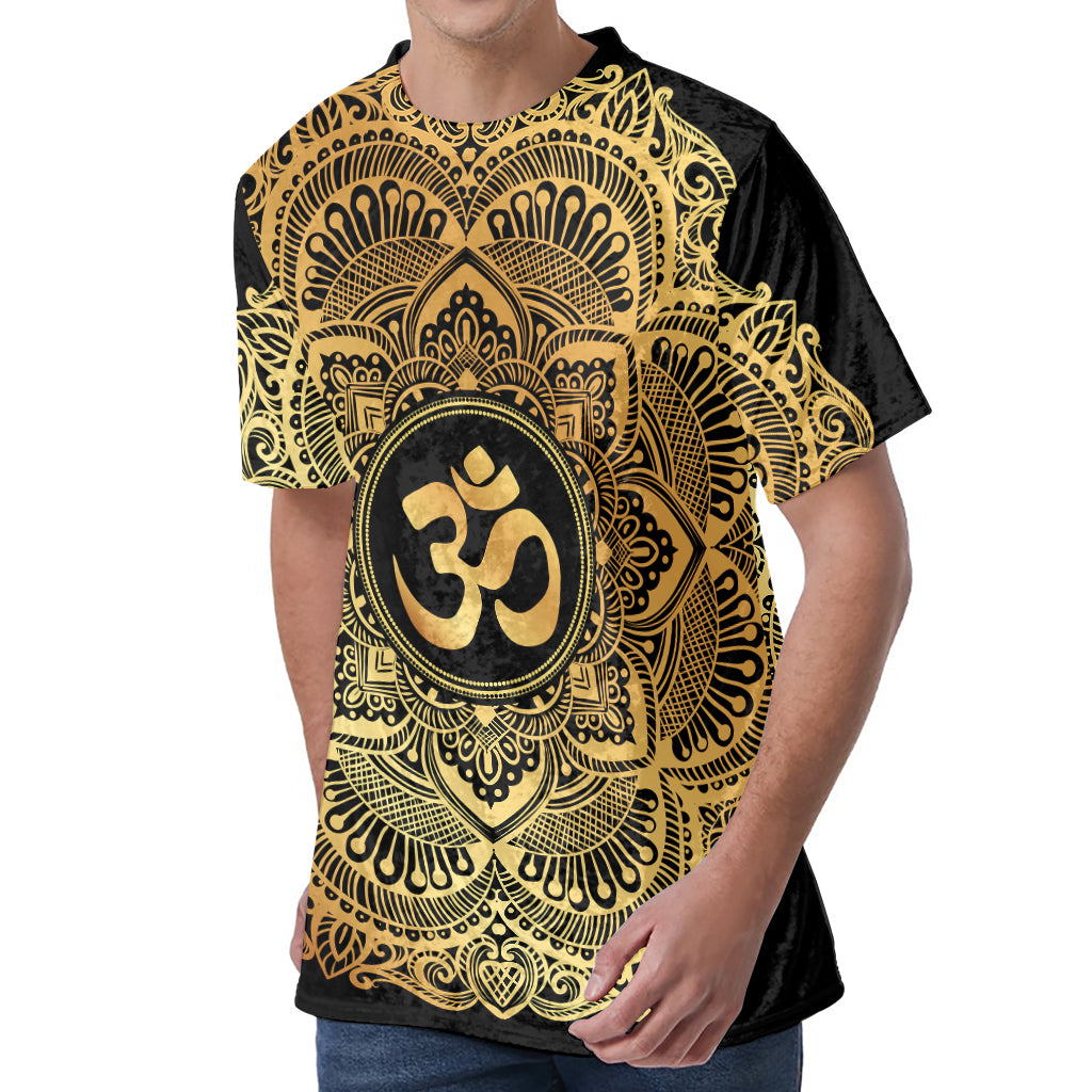 Gold Om Mandala Print Men's Velvet T-Shirt