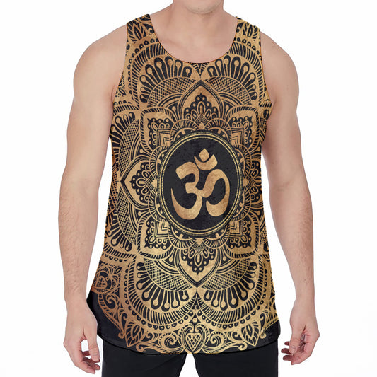 Gold Om Mandala Print Men's Velvet Tank Top